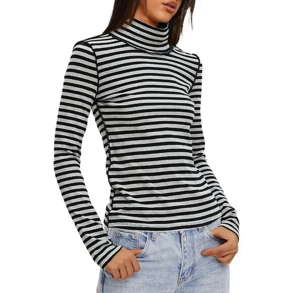 Women's Undershirts Light Grey Striped Long Sleeve Ribbed Slim Top Tees - Picture 4 of 5